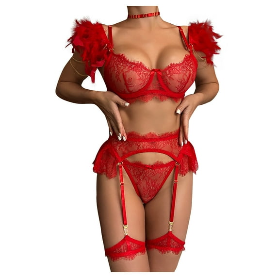 Lirclo Womens Lingeries Garter Set Lace Lingerie Sets Sexy Corset Tops Red L