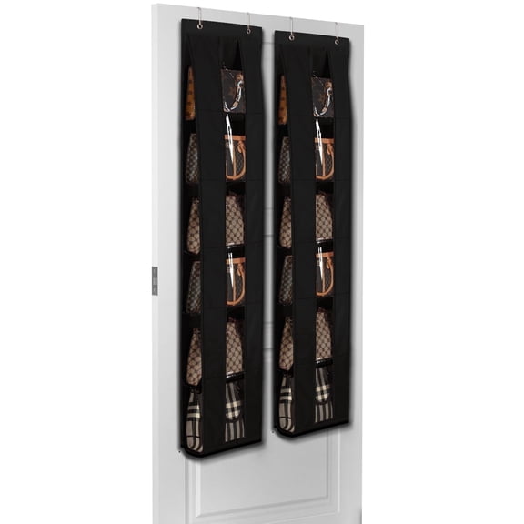 Lirex 2-Pack Over-the-Door 6-Tier Foldable Handbag Organizer with Oxford Fabric, Black Closet Rack