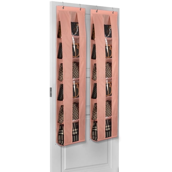 Lirex 2-Pack Over-the-Door 6-Tier Foldable Handbag Organizer with Oxford Fabric,  Light Pink Closet Rack