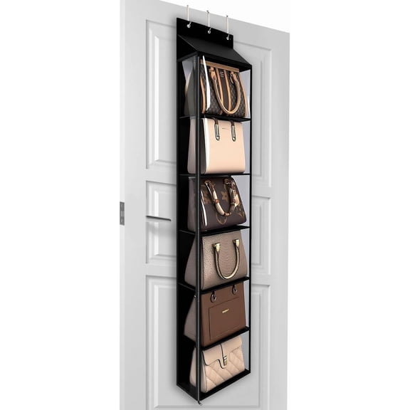 Lirex 6 Pocket over The Door Purse Organizer with Zipper, PVC Visual Compartment, Dust-Free, Black