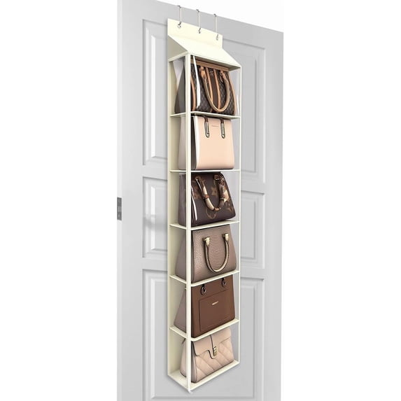 Lirex 6 Pocket over The Door Purse Organizer with Zipper, PVC Visual Compartment, Dust-Free, Cream White