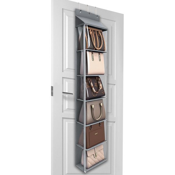 Lirex 6 Pocket over The Door Purse Organizer with Zipper, PVC Visual Compartment, Dust-Free, Gray