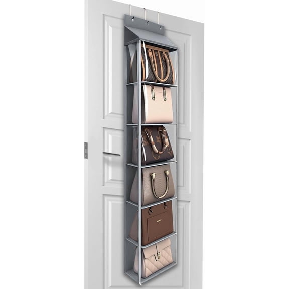 Lirex 6 Pocket over The Door Purse Organizer with Zipper, PVC Visual Compartment, Dust-Free, Gray