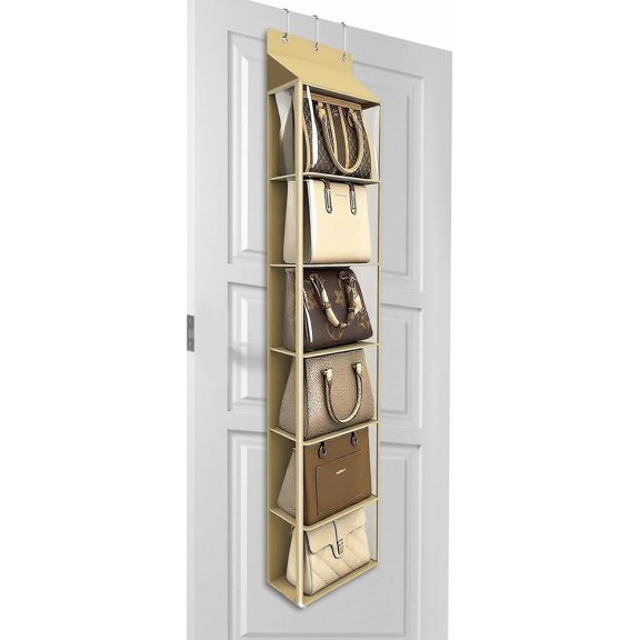 Lirex 6 Pocket over The Door Purse Organizer with Zipper, PVC Visual Compartment, Dust-Free, Light Coffee
