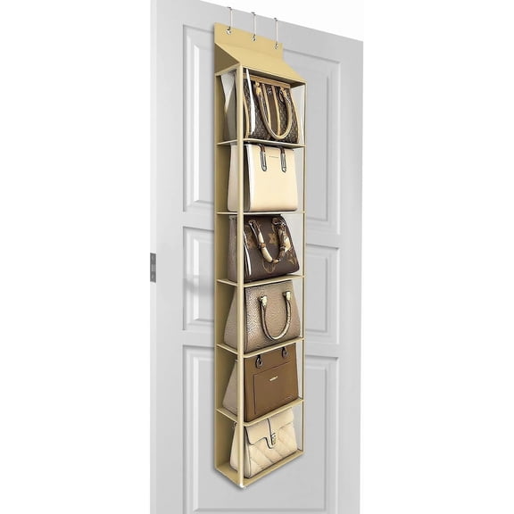 Lirex 6 Pocket over The Door Purse Organizer with Zipper, PVC Visual Compartment, Dust-Free, Light Coffee