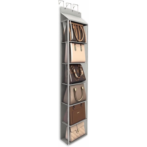 Lirex 6 Pocket over The Door Purse Organizer with Zipper, PVC Visual Compartment, Dust-Free, Light Gray