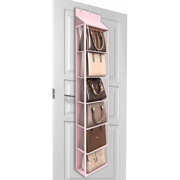 Lirex 6 Pocket over The Door Purse Organizer with Zipper, PVC Visual Compartment, Dust-Free, Pink