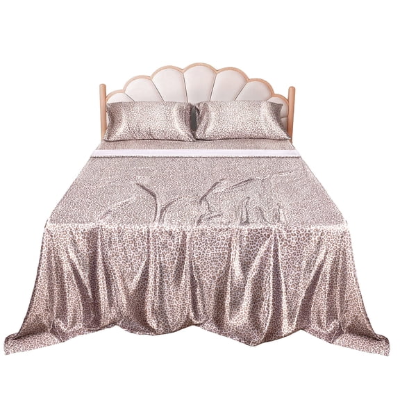 Lirex Satin Sheet Set Full, 3-Piece, 14" Deep Pocket, Soft Microfiber, Cream Leopard