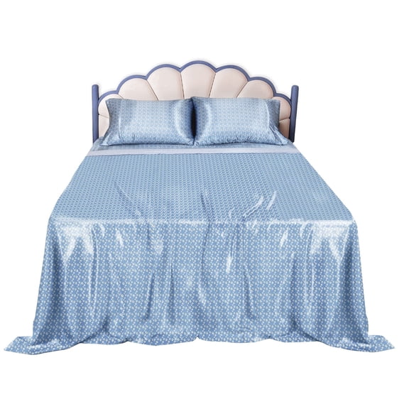 Lirex Satin Sheet Set Queen, 3-Piece, 14" Deep Pocket, Soft Microfiber, Blue Daisy