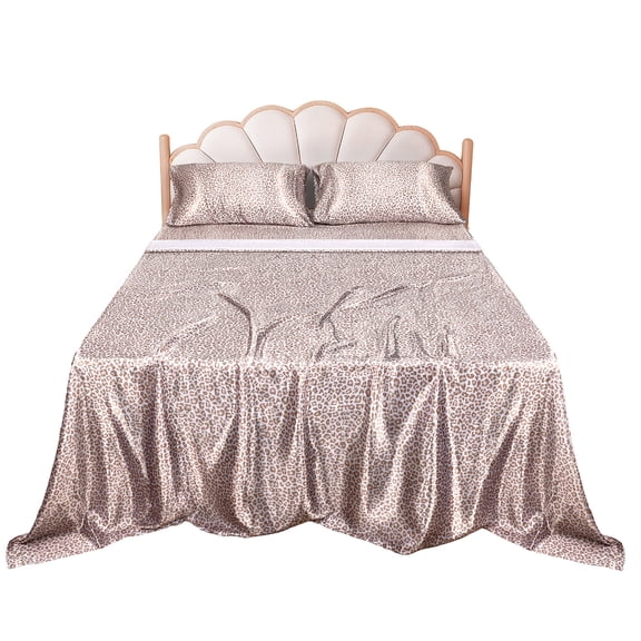 Lirex Satin Sheet Set Twin, 3-Piece, 14" Deep Pocket, Soft Microfiber, Cream Leopard