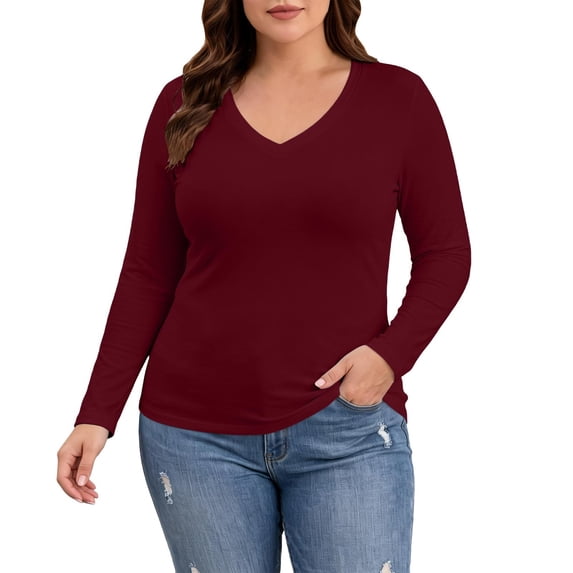 Lirrtw Women's Plus Size Long Sleeve Shirts Slim Fit V Neck Thermal Tight Tees Solid Color Basic Undershirt Fall Winter Base Layer(Red,4X-Large)