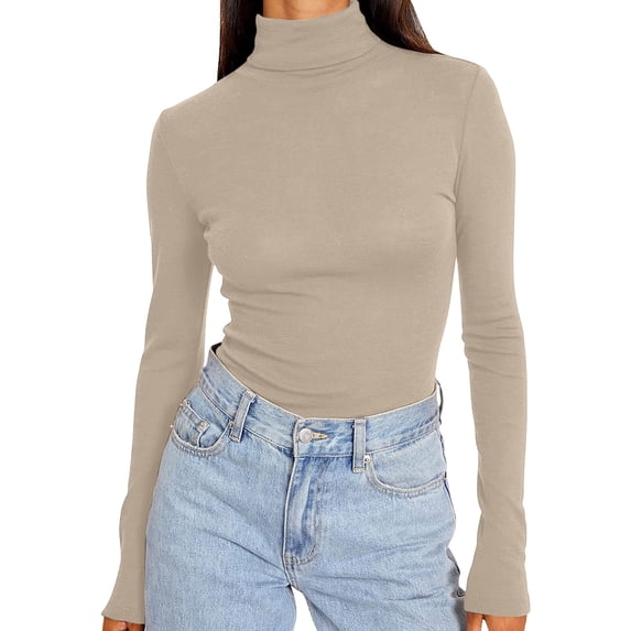 Lirrtw Long Sleeve Shirt for Women Casual Lightweight Turtleneck Top Slim Fit Thermal Stretch Base Layer Plus Size T-Shirt(Khaki AA1,Medium)