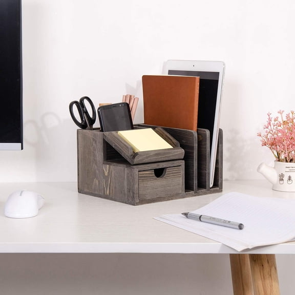 Liry Products Gray Rustic Wood Desk Organizer Storage Cabinet Mail File Paper Sticky Note Memo Pad Folder Office Supplies Caddy Tabletop Holder Accessory Sorter Multiple Compartments with Drawer Home