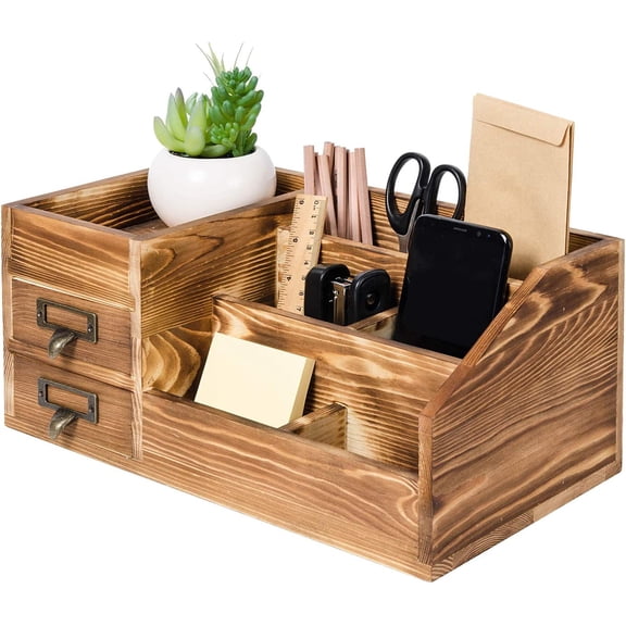 Liry Products Rustic Wooden Desktop Organizer Office Supplies Brown Tabletop Storage Cabinet Stepped Rack Multiple Compartments 2 Tier Drawers Makeup Accessory Jewelry Sorter Display Box Home