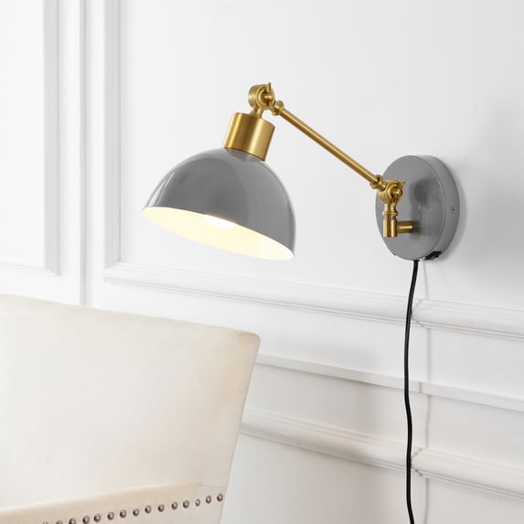 JONATHAN Y Lisa 18" Swing Arm 1-Light Modern Midcentury Iron USB Charging Port LED Sconce, Grey/Brass Gold