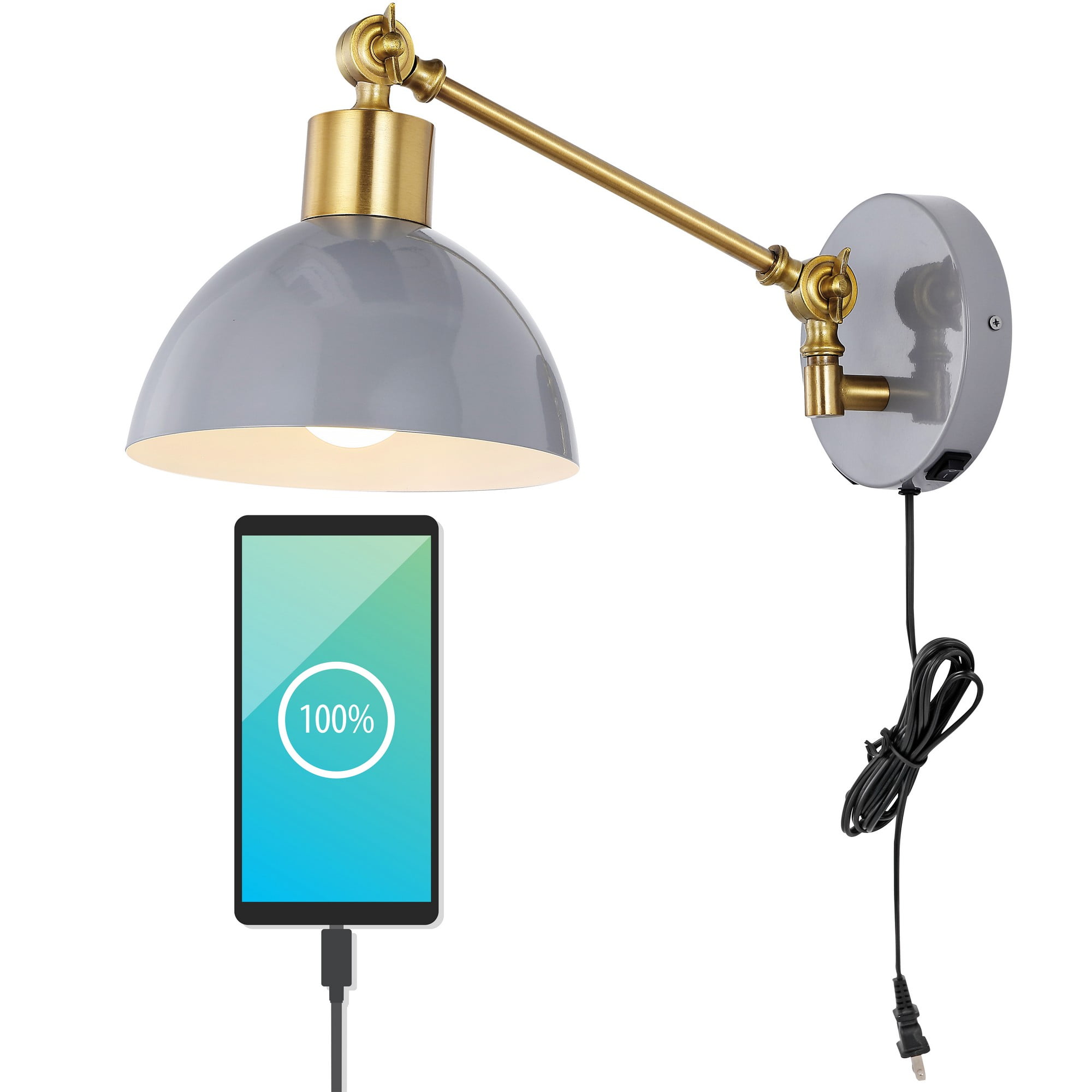 Lisa 18" Grey and Brass Gold Modern Farmhouse LED Sconce with USB Port