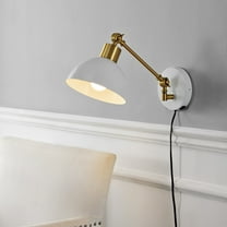 JONATHAN Y Lisa 18" Swing Arm 1-Light Modern Midcentury Iron USB Charging Port LED Sconce, White/Brass Gold