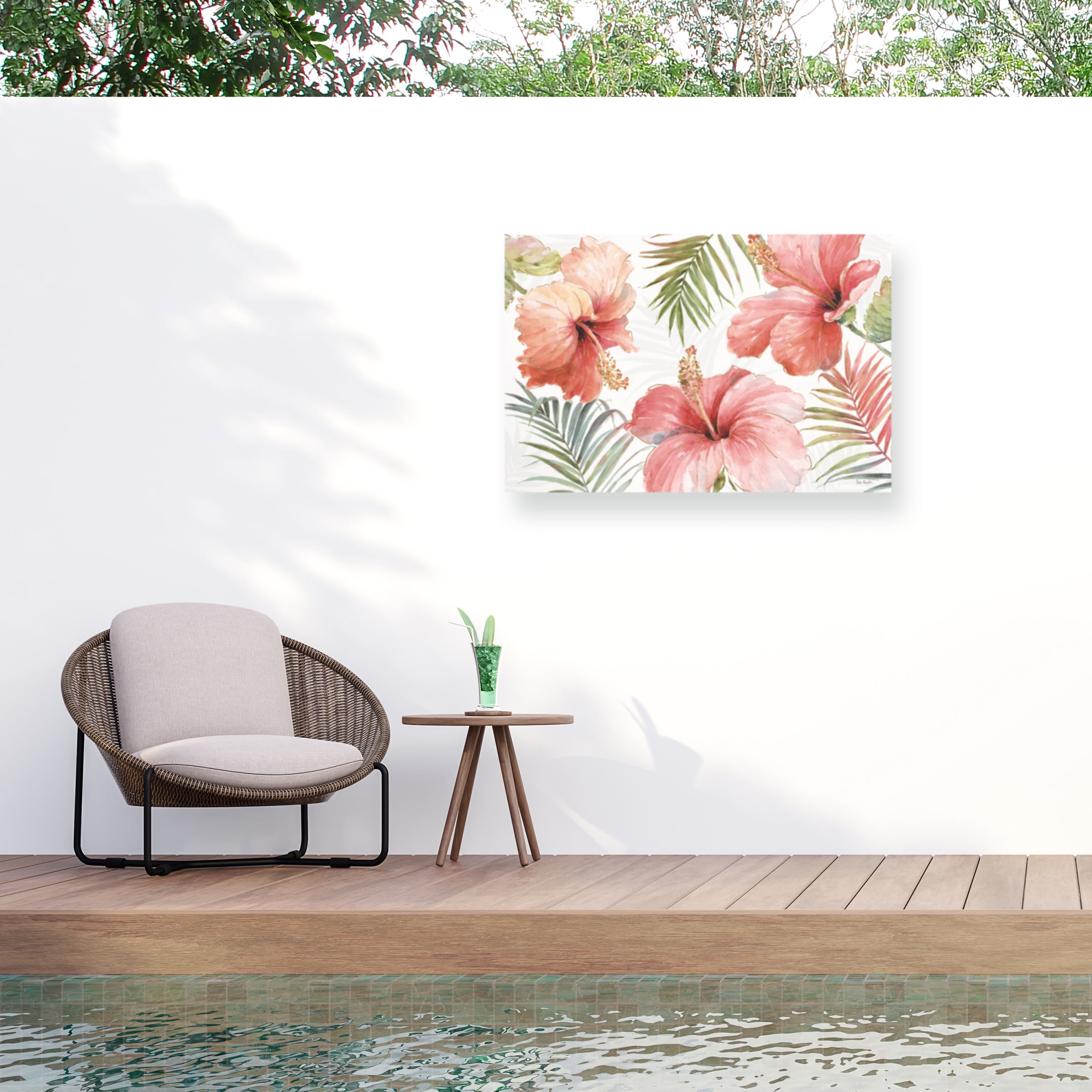 Tropical Blush Pink Hibiscus Outdoor Canvas Print with Natural Wood Frame