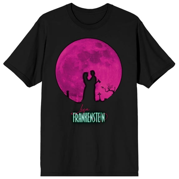 Lisa Frankenstein Lisa and the creature silhouette with pink moon and logo on black Adult T-Shirt-5XL