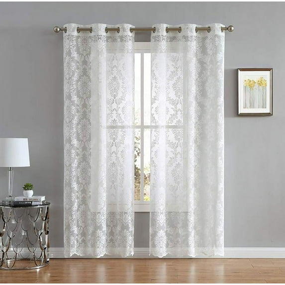 Lisa Knitted Lace Curtain Medallion Design with Scalloped Bottom (38" W x 108" L, Ivory)