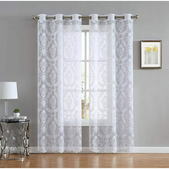 Lisa Knitted Lace Curtain Medallion Design with Scalloped Bottom (38" W x 108" L, White)