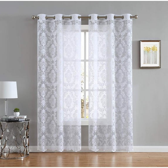 Lisa Knitted Lace Curtain Medallion Design with Scalloped Bottom (38" W x 63" L, White)