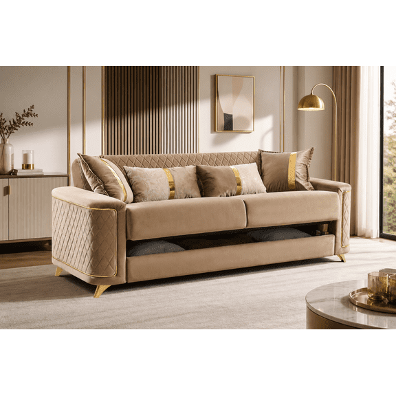 Lisa Modern 3-Seat Sofa in Copper with Solid Birch Wood Frame, Pocket Coil Cushioning, Stainless Steel Legs, Polyester Upholstery
