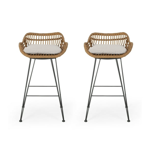 Lisa Outdoor Wicker Barstools with Cushions (Set of 2)