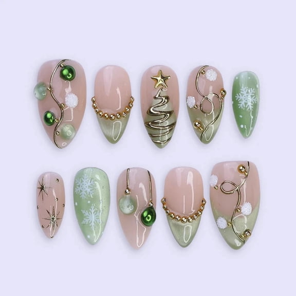 LisaNailsArt Evergreen Magic Acrylic Press-On Nails, 10 Nails, Oval, L