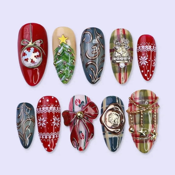 LisaNailsArt Merry Magic Acrylic Press-On Nails, 10 Nails, Coffin, XS