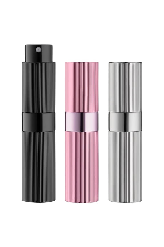 8ML Atomizer Perfume Spray Bottle for Travel (3PCS), Empty Refillable Cologne Dispenser, Portable Sprayer (Stripe Black, Silver, Pink)