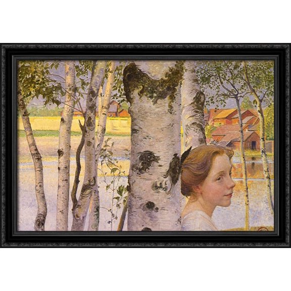 Lisbeth at the birch grove 40x28 Large Black Ornate Wood Framed Canvas Art by Carl Larsson