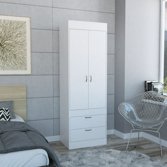 Lisboa White Armoire - 2 Door Wardrobe with 2 Drawers & Rod