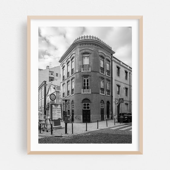 Lisbon Architectural 04 B&W - Lisbon Portugal Photography Black and White Architecture City Street Photography Vintage Graffiti Cityscape Oak Framed Wall Art Print 11 x 14 inches
