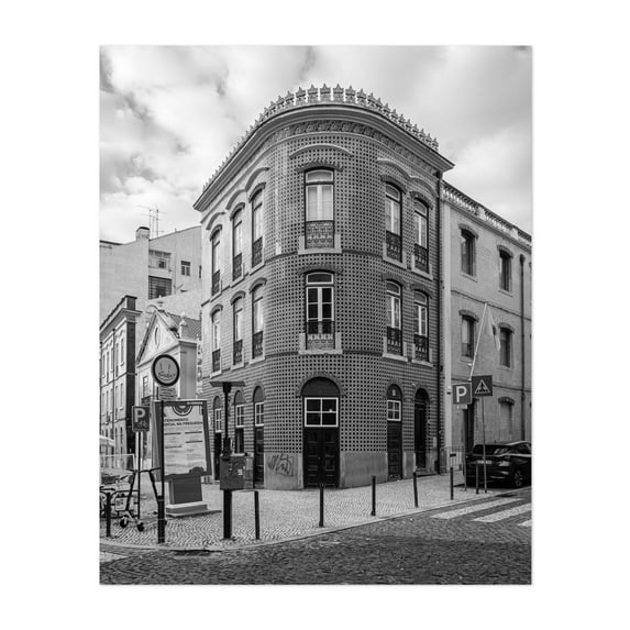 Lisbon Architectural 04 B&W - Lisbon Portugal Photography Black and White Architecture City Street Photography Vintage Graffiti Cityscape Unframed Wall Art Print 22 x 28 inches