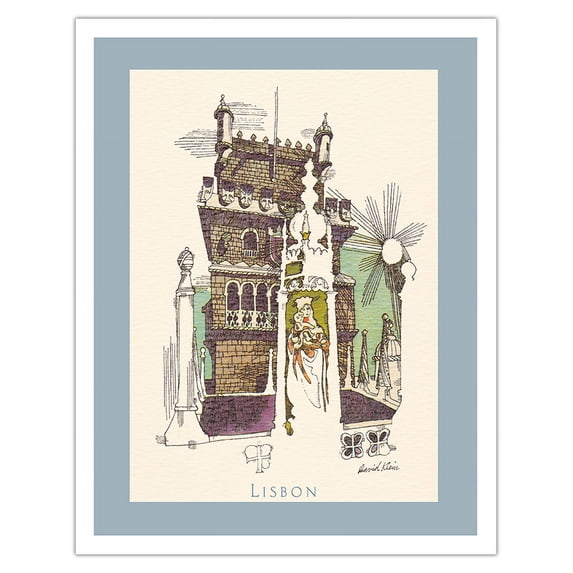 Lisbon Portugal - Tower of Belem - Vintage Airline Travel Poster by David Klein c.1960s - Fine Art Matte Paper Print (Unframed) 11x14in