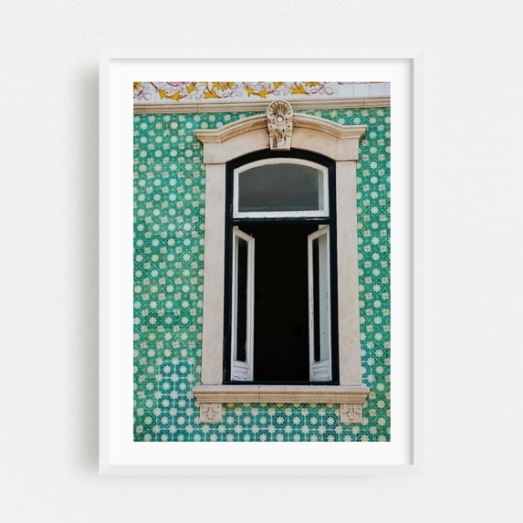 Lisbon Window - Lisbon Portugal Photography Architecture Pattern Floral Vintage Mediterranean White Framed Wall Art Print 12 x 18 inches