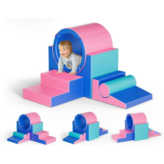 Lischwert Foam Climbing Blocks for Toddlers 1-3, 5pcs Soft Play Set with Tunnel Crawling Exploration Toys - Indoor Infant Safe Blocks for Baby Gym & Toddler Playground (Pink Blue)