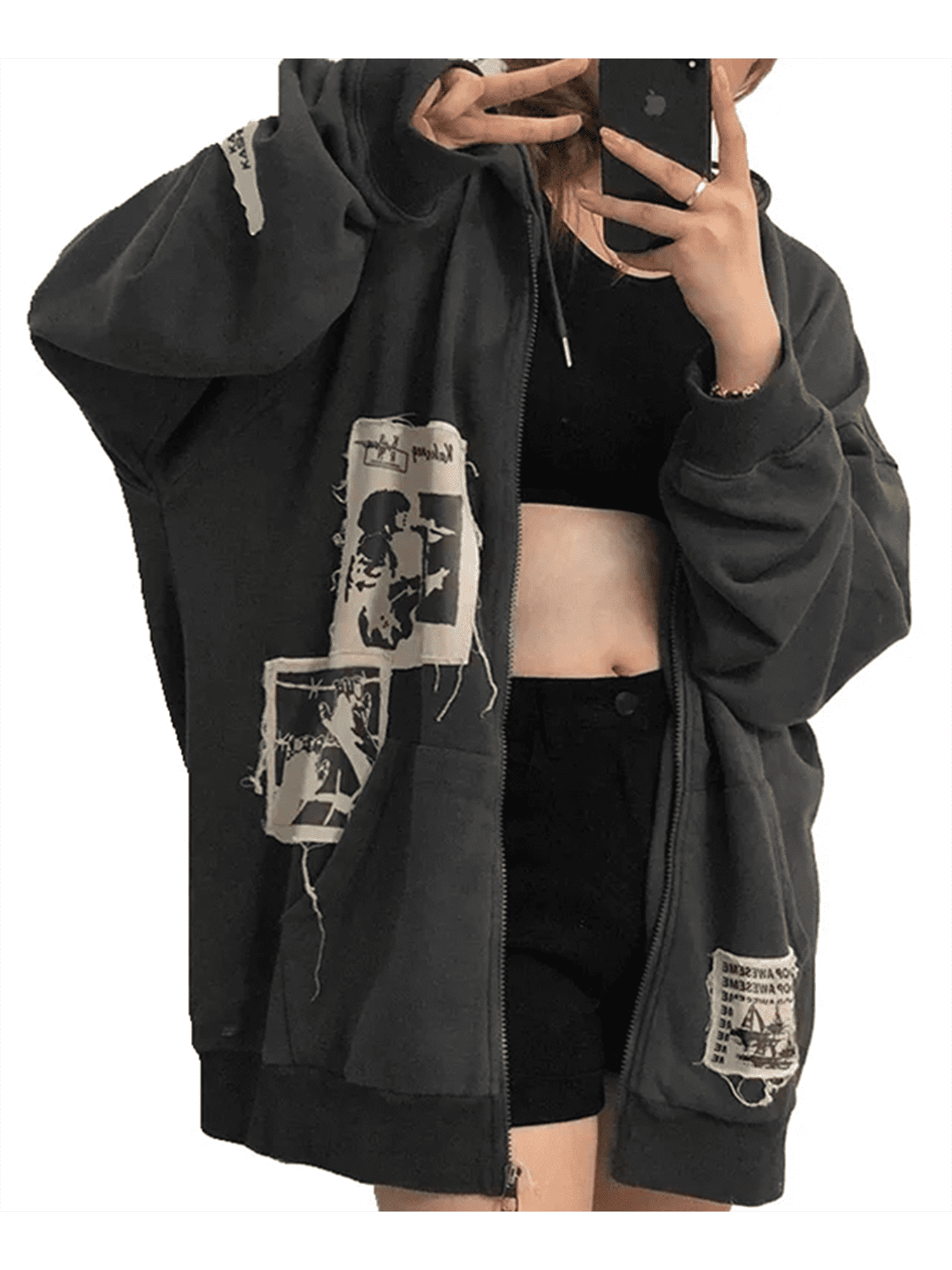 LisenraIn Women Vintage Patch Hoodie Zip Up Hip Pop Punk Sport Hooded  Sweatshirt Gothic Jacket