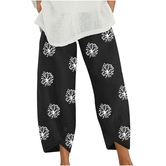 Lisgai Capri Pants for Women Ankle,Capri Pants for Women Palazzo Lounge Pants Summer Dandelion Print Cropped Cotton Linen Comfy Baggy Trousers with Pockets