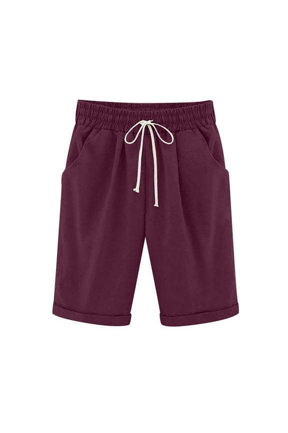 Women's Bermuda Shorts Linen Cotton Jersey Shorts, Long Shorts for Women Knee Length Lounge Athletic Drawstring Elastic Waist Shorts