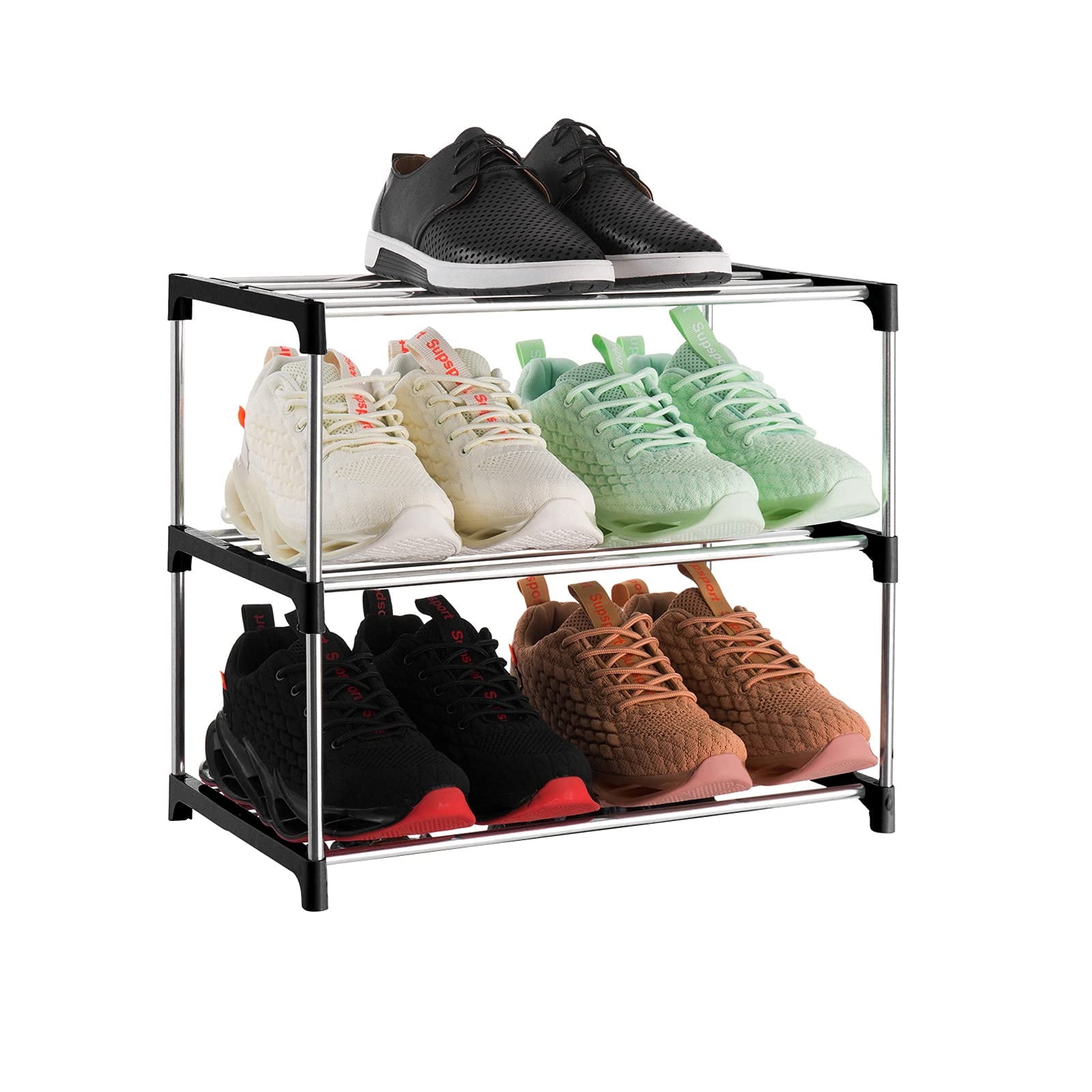 Simple Trending 3-Tier Stackable Shoe Rack, Expandable & Adjustable Fabric  Shoe Shelf Storage Organizer, Black