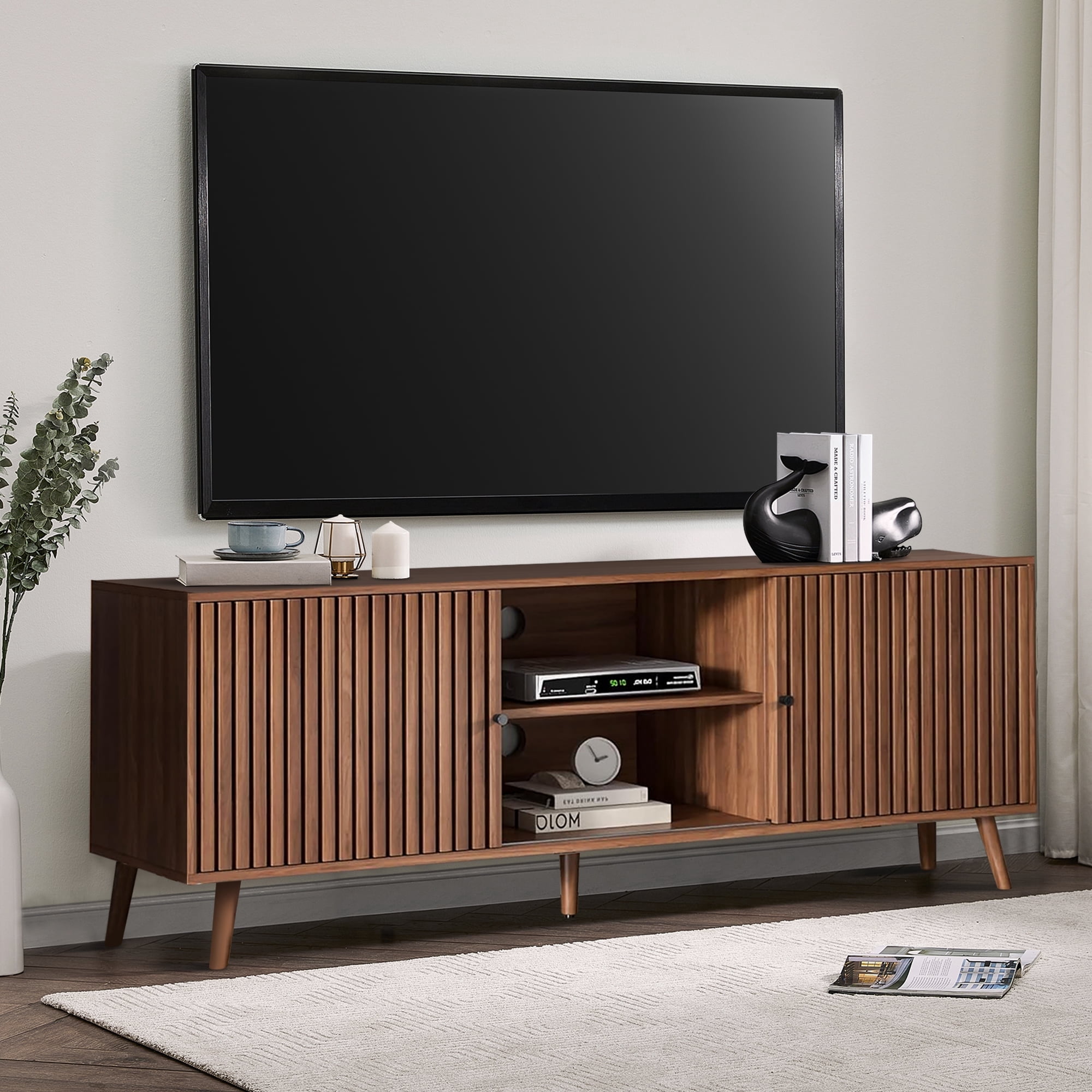 Lisicue Mid-Century Modern TV Stand for TVs up to 70 Inches with Sliding Doors and Storage, Television Stands, TV Consoles, Media Consoles for Living Room Bedroom, Walnut