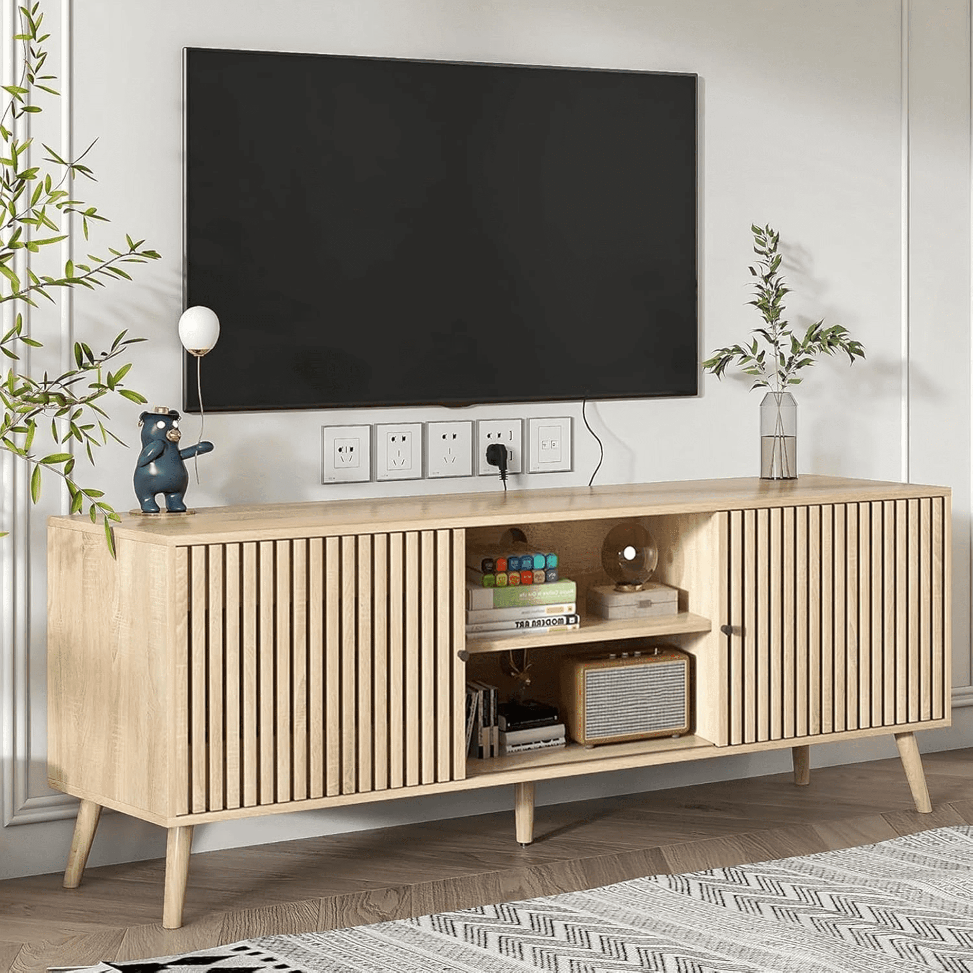 Lisicue Mid-Century Modern TV Stand for TVs up to 70 Inches with Sliding Doors and Storage, Natural