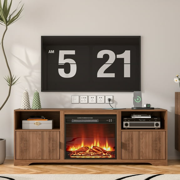 Lisicues Fireplace TV Stand for 80 Inch TV, 68" Farmhouse Entertainment Center with 23" Electric Fireplace Heater, Wood Media Console Cabinet with Storage Shelves & Cord Holes for Living Room Bedroom