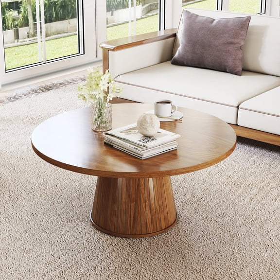 Lisicues Fluted Round Coffee Table, Circle Center Table Accent Tea Table for Living Room, 31.5",Walnut