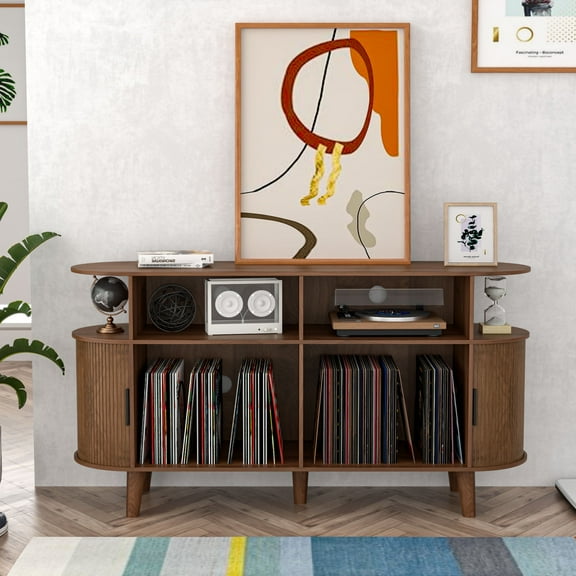 Lisicues Mid-Century Modern Record Player Stand, Large Vinyl Record Cabinet with Open Vinyl Storage, and Display Shelf Hold up to 300 Albums, Fluted Sliding Door, Charging Station, Hallway