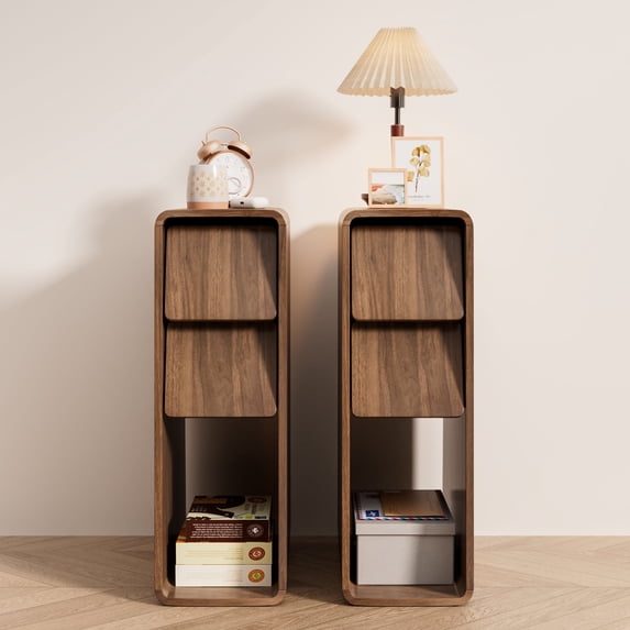 Lisicues Narrow Nightstand 2 Drawers with Open Shelf, Mid Century Modern Nightstands End Table, 2-Pack, Walnut