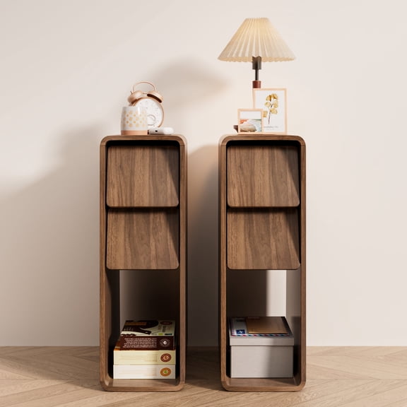 Lisicues Narrow Nightstand 2 Drawers with Open Shelf, Mid Century Modern Nightstands End Table, 2-Pack, Walnut