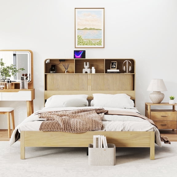 Lisicues Queen Bed Frame, Noise Free, with Storage and Charging Station, Bed Frame with Wave Sliding Door, Queen Size(Wood color)